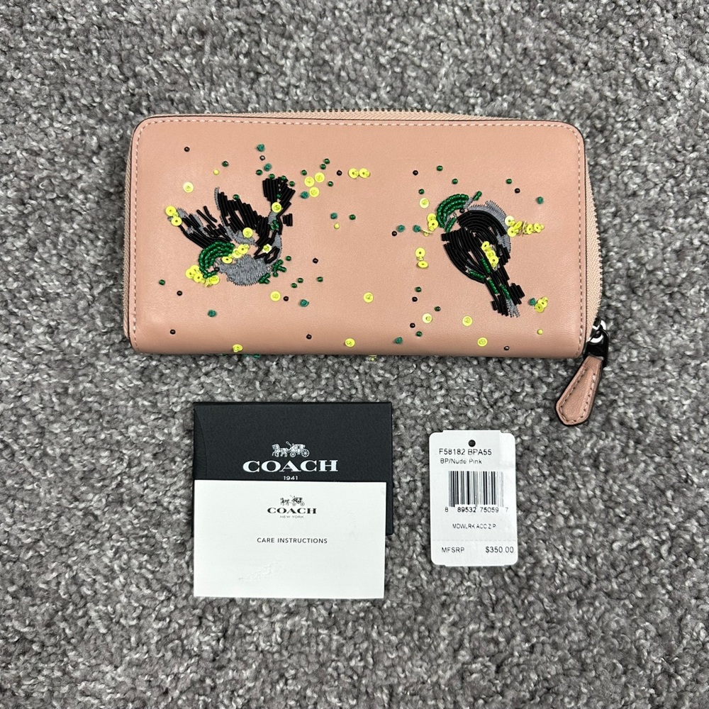 Coach Meadowlark Songbird Large Accordion Women Beading Stitching Leather Wallet - Picture 8 of 16